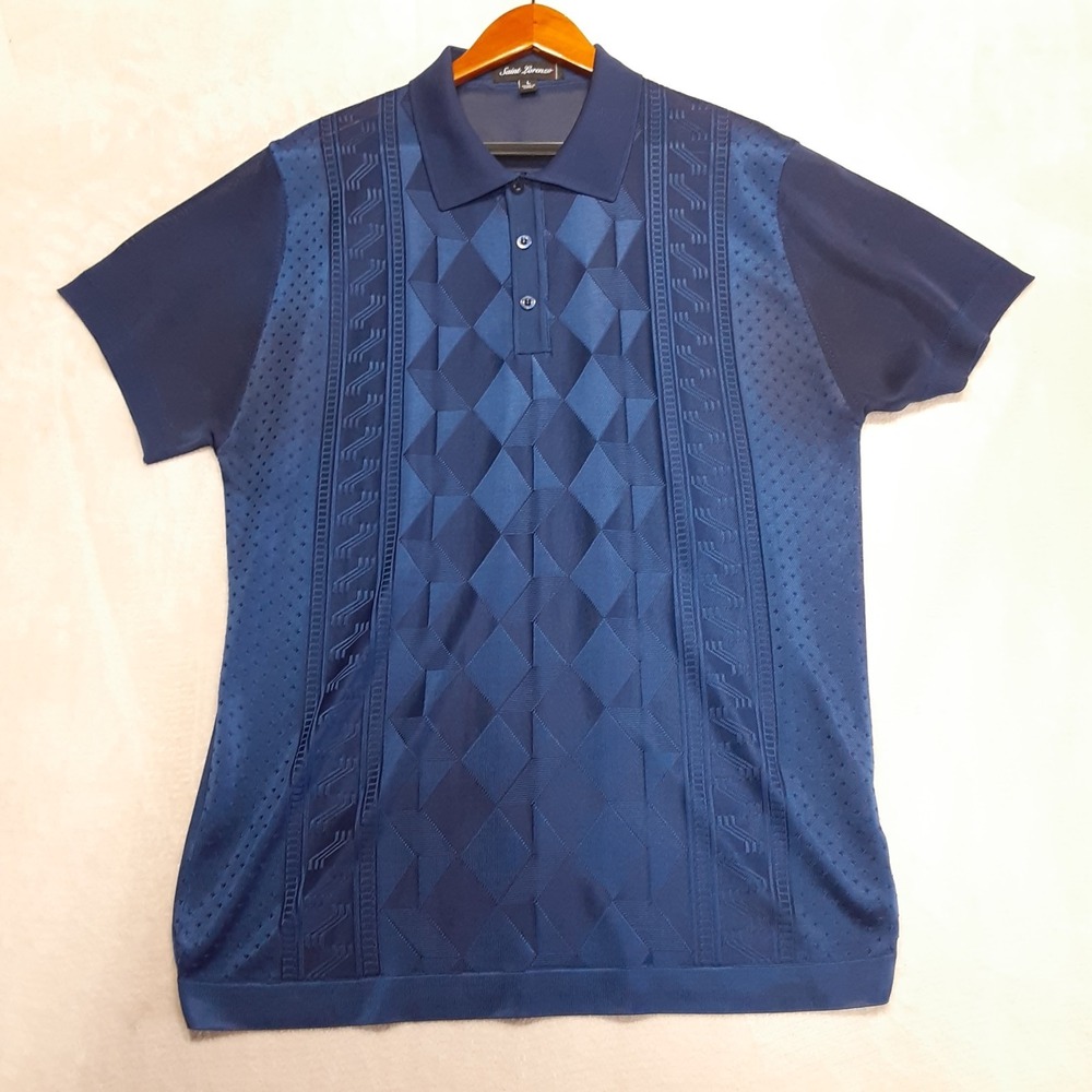 Saint Lorenzo Mens Polo Shirt Sz.Large Navy Rayon Blend Vented.